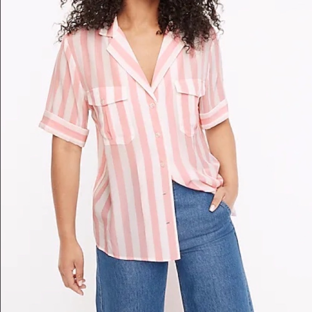 NEW J. Crew 100% Silk Short Sleeve Camp Stripe Shirt
